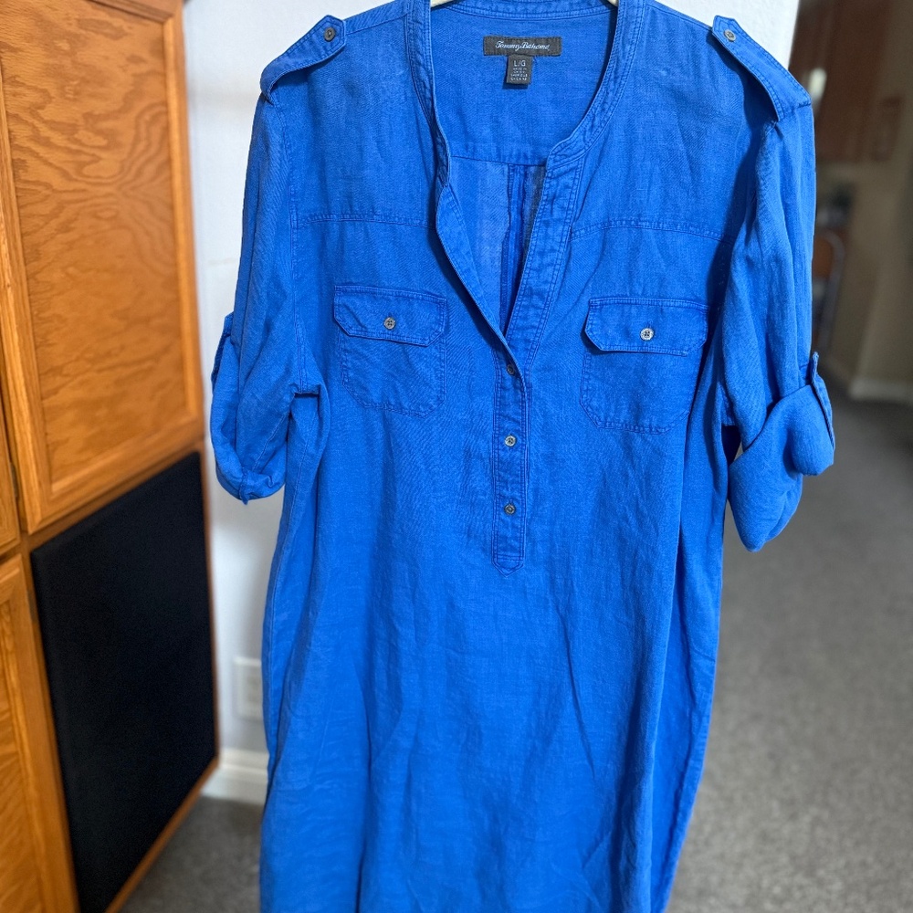 NWOT Tommy Bahama Blue Linen Shirt Dress with Roll Tab Sleeves, Size  L